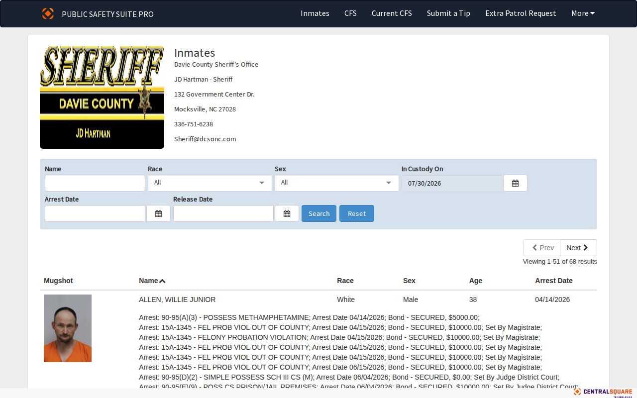 Davie County released inmate Release Date search in the official portal